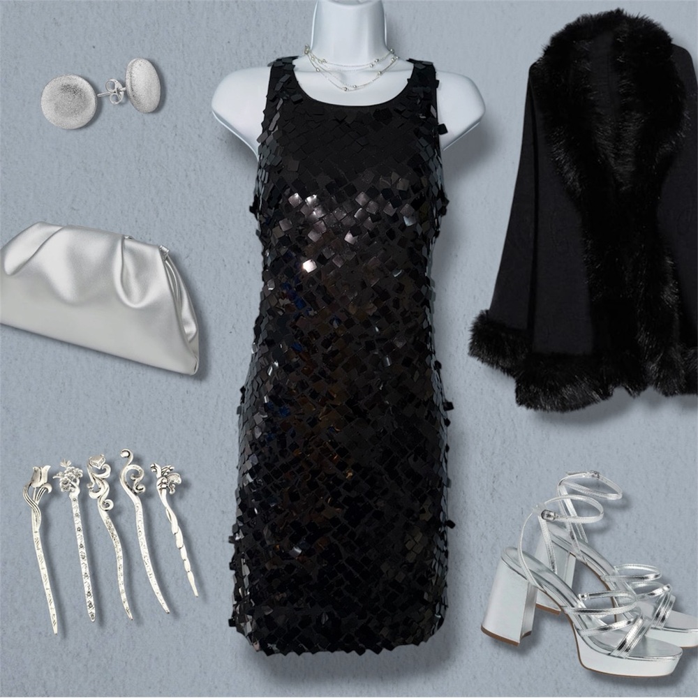 White House Black Market Shiny Square Sequin Sleeveless Black Cocktail Dress